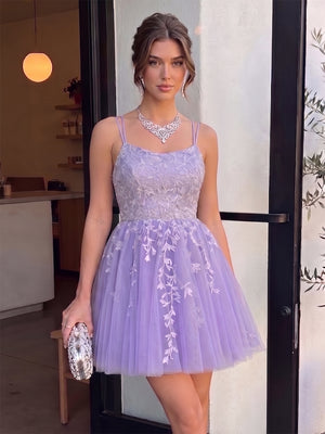 A-Line/Princess Spaghetti Straps Sleeveless Short/Mini Homecoming Dresses with Appliques