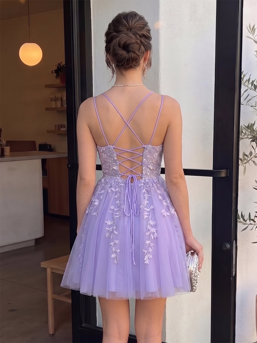 A-Line/Princess Spaghetti Straps Sleeveless Short/Mini Homecoming Dresses with Appliques