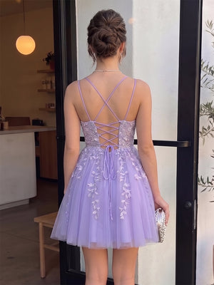 A-Line/Princess Spaghetti Straps Sleeveless Short/Mini Homecoming Dresses with Appliques