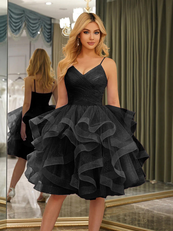 Spaghetti Straps Sleeveless Knee-Length Ball Gown Dresses with Ruffles