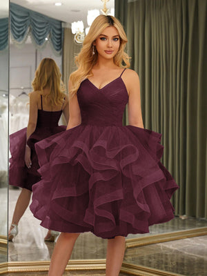 Spaghetti Straps Sleeveless Knee-Length Ball Gown Dresses with Ruffles