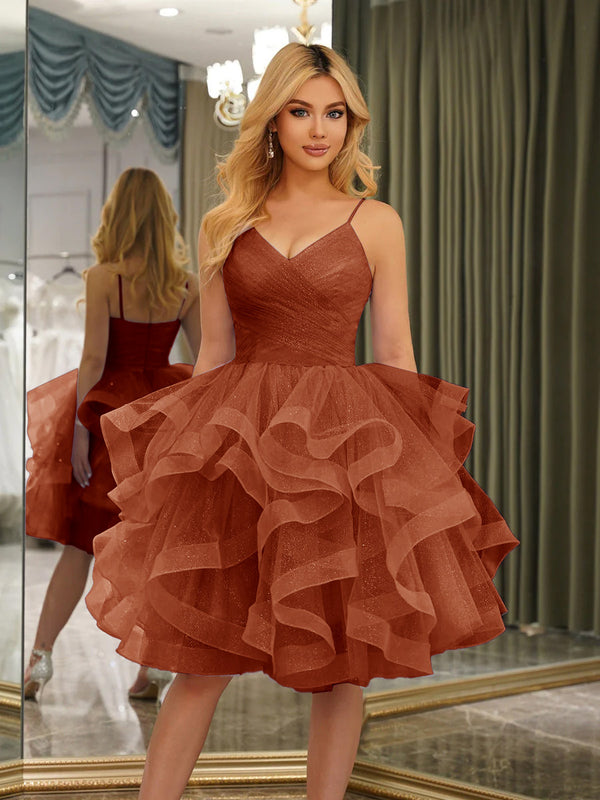 Spaghetti Straps Sleeveless Knee-Length Ball Gown Dresses with Ruffles