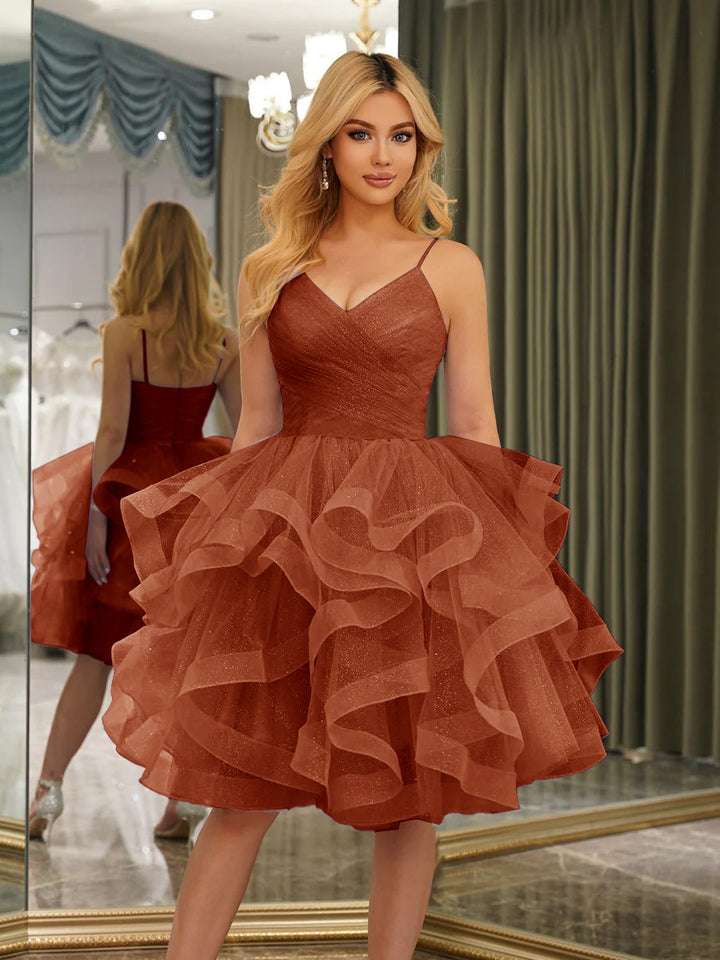 Spaghetti Straps Sleeveless Knee-Length Ball Gown Dresses with Ruffles