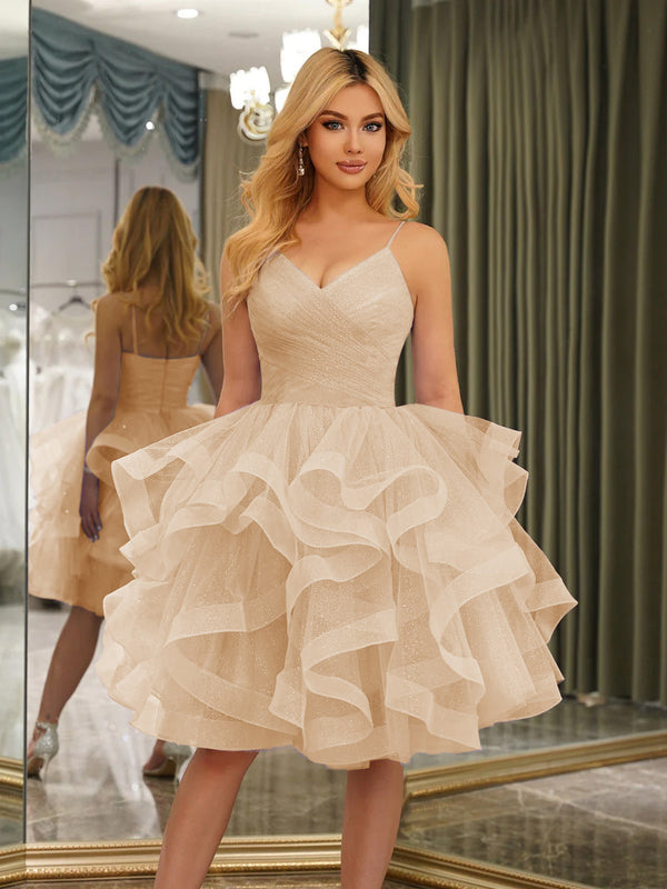 Spaghetti Straps Sleeveless Knee-Length Ball Gown Dresses with Ruffles