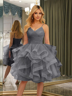 Spaghetti Straps Sleeveless Knee-Length Ball Gown Dresses with Ruffles