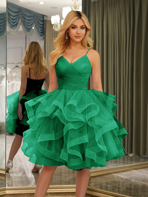 Spaghetti Straps Sleeveless Knee-Length Ball Gown Dresses with Ruffles