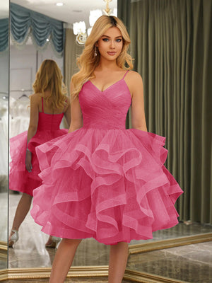 Spaghetti Straps Sleeveless Knee-Length Ball Gown Dresses with Ruffles