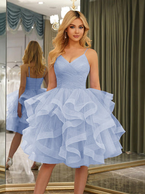 Spaghetti Straps Sleeveless Knee-Length Ball Gown Dresses with Ruffles