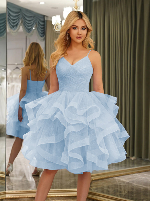 Spaghetti Straps Sleeveless Knee-Length Ball Gown Dresses with Ruffles