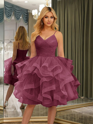 Spaghetti Straps Sleeveless Knee-Length Ball Gown Dresses with Ruffles