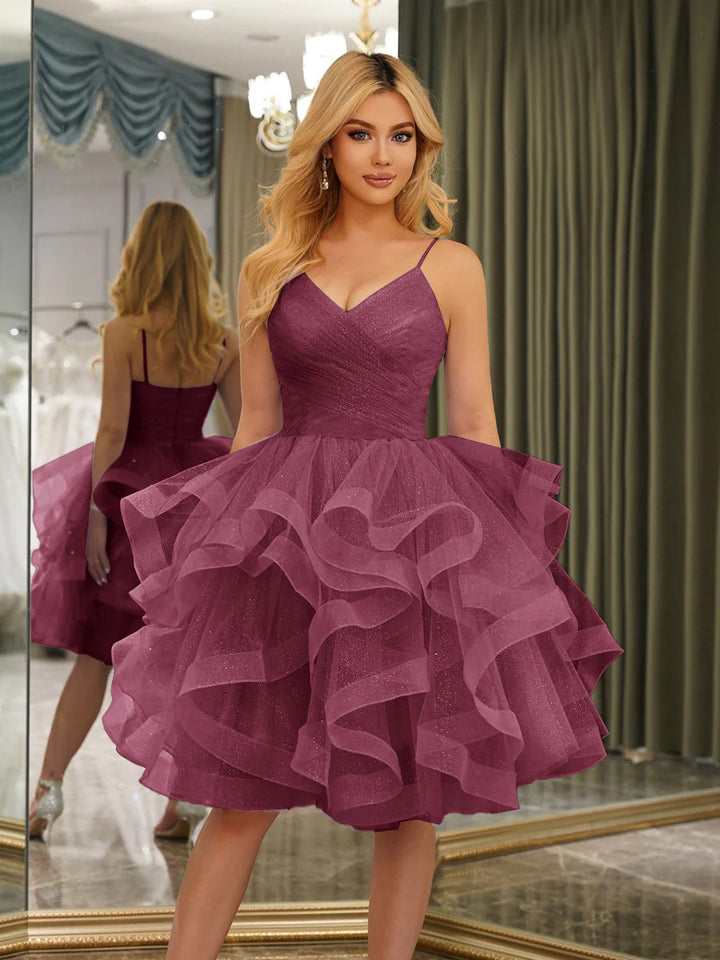 Spaghetti Straps Sleeveless Knee-Length Ball Gown Dresses with Ruffles