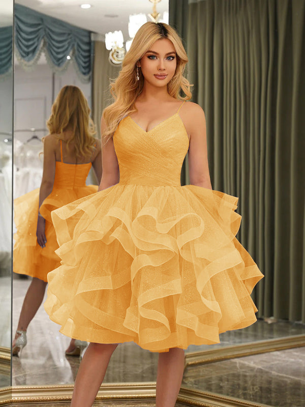 Spaghetti Straps Sleeveless Knee-Length Ball Gown Dresses with Ruffles