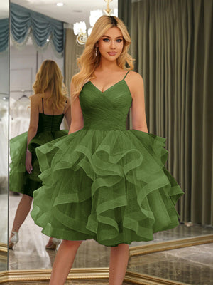 Spaghetti Straps Sleeveless Knee-Length Ball Gown Dresses with Ruffles