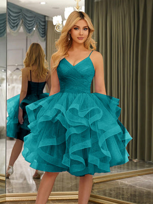 Spaghetti Straps Sleeveless Knee-Length Ball Gown Dresses with Ruffles