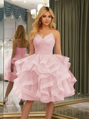 Spaghetti Straps Sleeveless Knee-Length Ball Gown Dresses with Ruffles