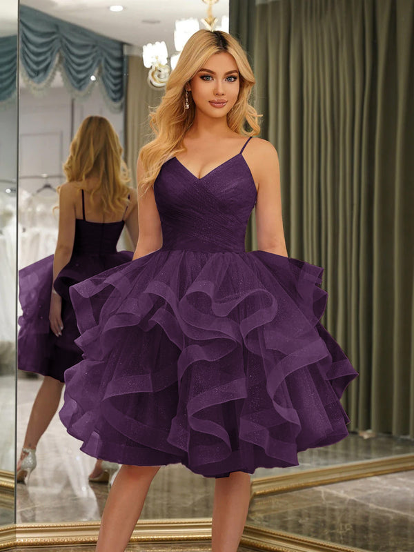 Spaghetti Straps Sleeveless Knee-Length Ball Gown Dresses with Ruffles