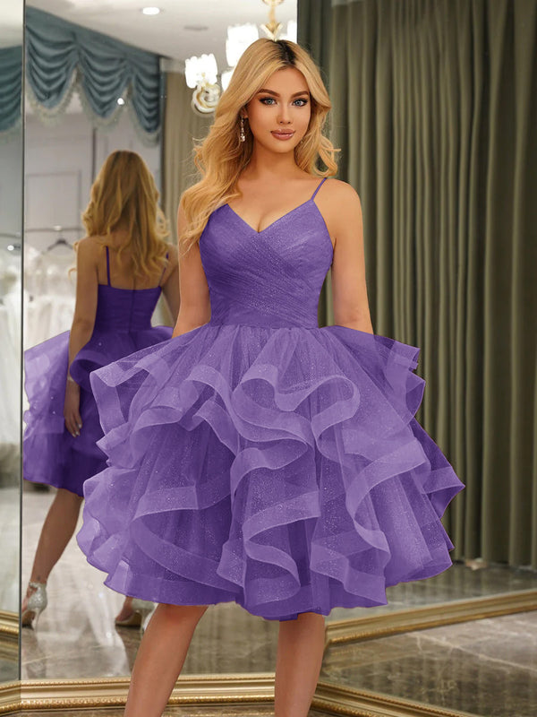 Spaghetti Straps Sleeveless Knee-Length Ball Gown Dresses with Ruffles