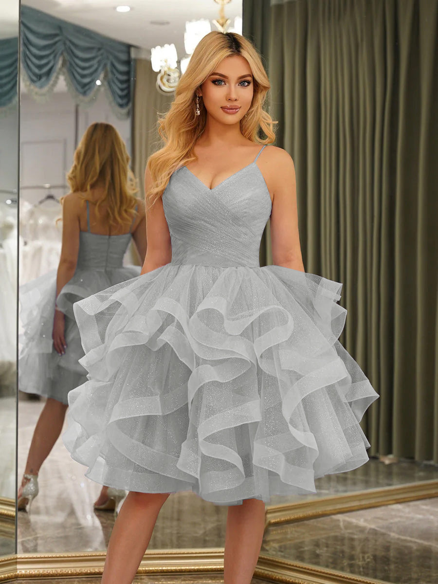 Lavetir Silver Spaghetti Straps Sleeveless Knee-Length Ball Gown Dresses with Ruffles 2026