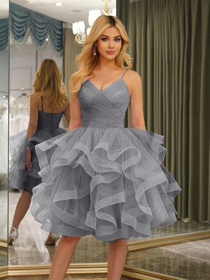 Spaghetti Straps Sleeveless Knee-Length Ball Gown Dresses with Ruffles