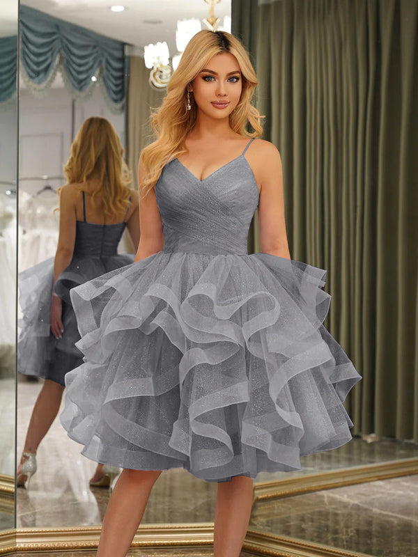 Spaghetti Straps Sleeveless Knee-Length Ball Gown Dresses with Ruffles