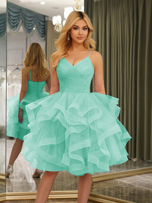 Spaghetti Straps Sleeveless Knee-Length Ball Gown Dresses with Ruffles