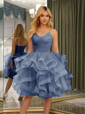 Spaghetti Straps Sleeveless Knee-Length Ball Gown Dresses with Ruffles