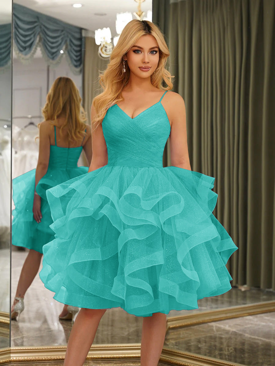 Lavetir Turquoise Spaghetti Straps Sleeveless Knee-Length Ball Gown Dresses with Ruffles 2026