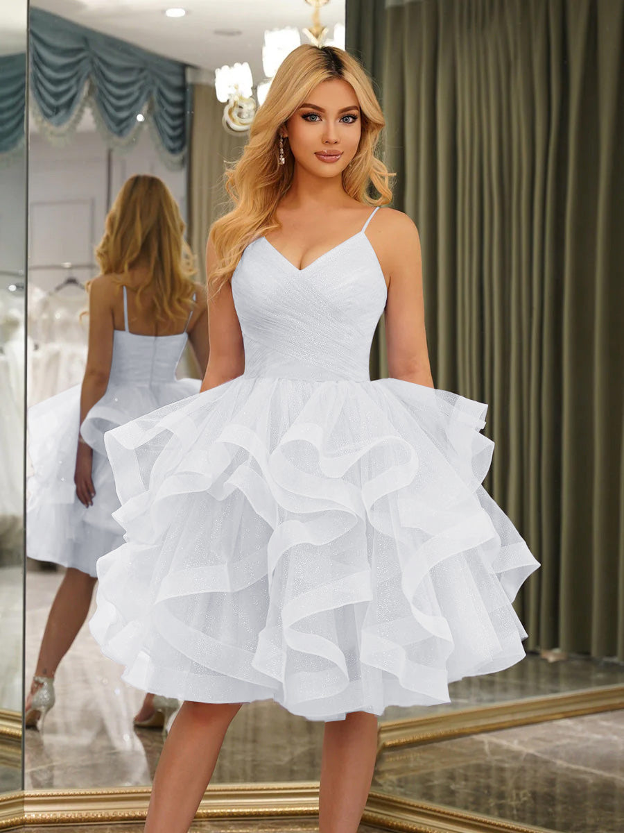 Spaghetti Straps Sleeveless Knee-Length Ball Gown Dresses with Ruffles
