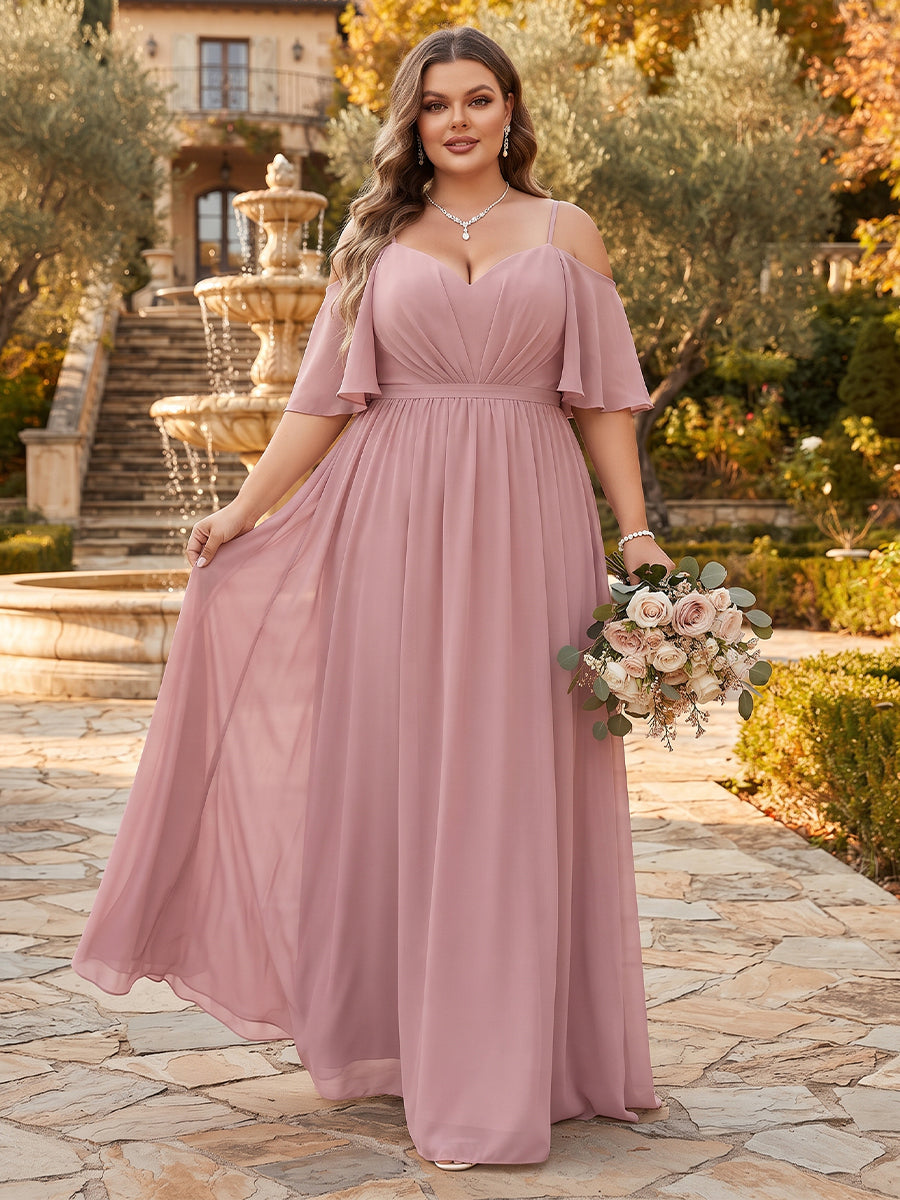A-Line/Princess Spaghetti Straps Half Sleeves Chiffon Plus Size Bridesmaid Dresses with Pockets