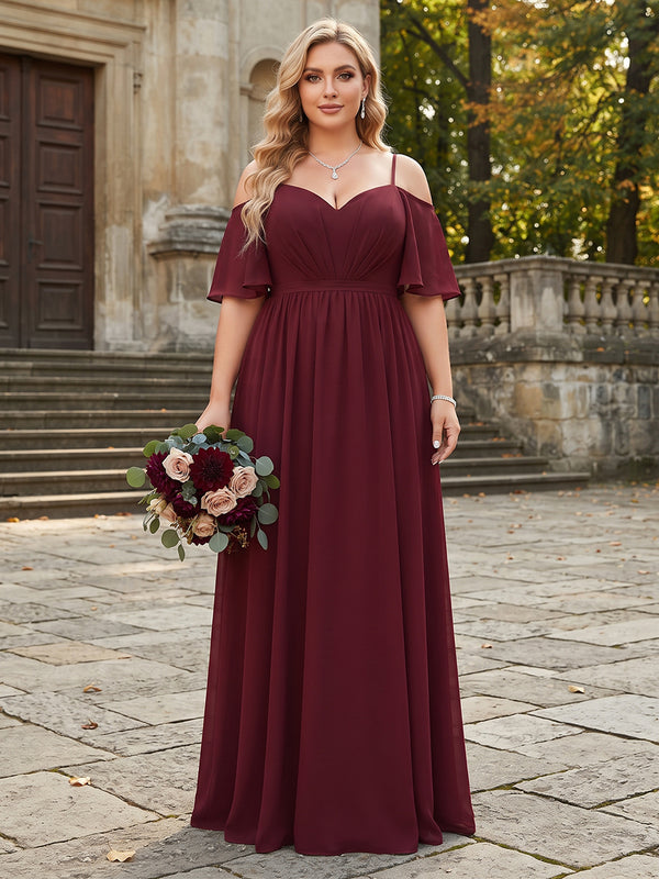 A-Line/Princess Chiffon Spaghetti Straps Half Sleeves Plus Size Bridesmaid Dresses With Ruffles