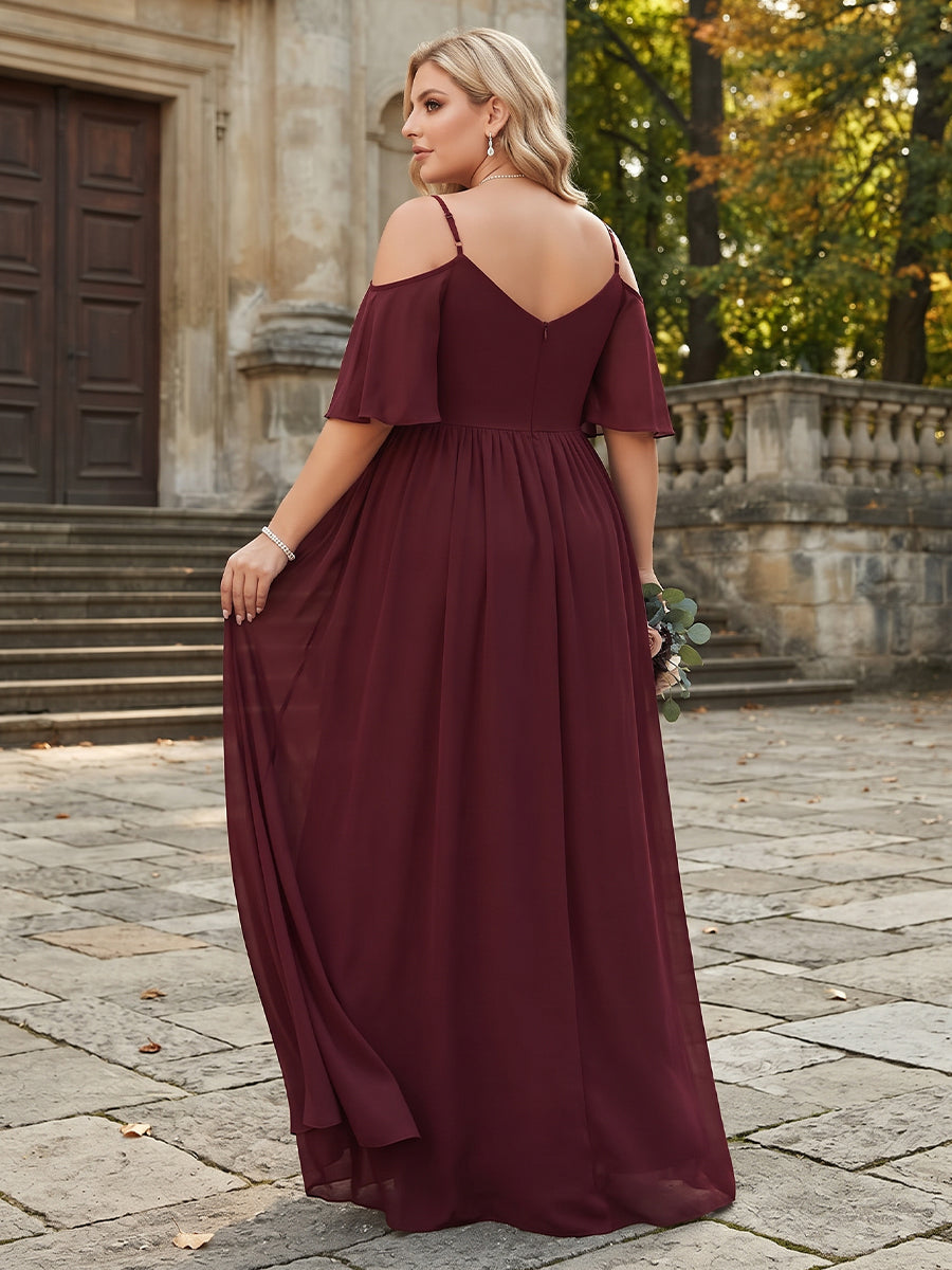 A-Line/Princess Chiffon Spaghetti Straps Half Sleeves Plus Size Bridesmaid Dresses With Ruffles