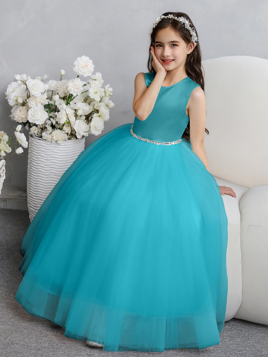Crew Neck Tulle Flower Girl Dresses with Bowknot &amp; Beading Waist