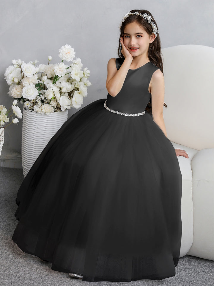 Crew Neck Tulle Flower Girl Dresses with Bowknot &amp; Beading Waist