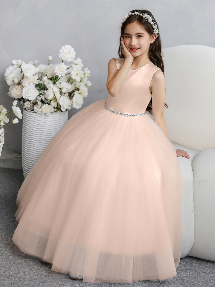 Crew Neck Tulle Flower Girl Dresses with Bowknot &amp; Beading Waist