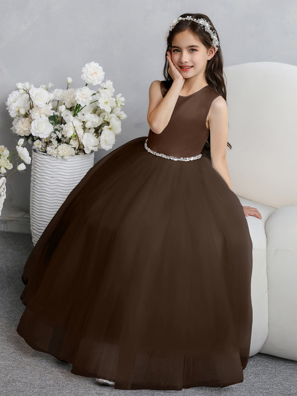 Crew Neck Tulle Flower Girl Dresses with Bowknot & Beading Waist