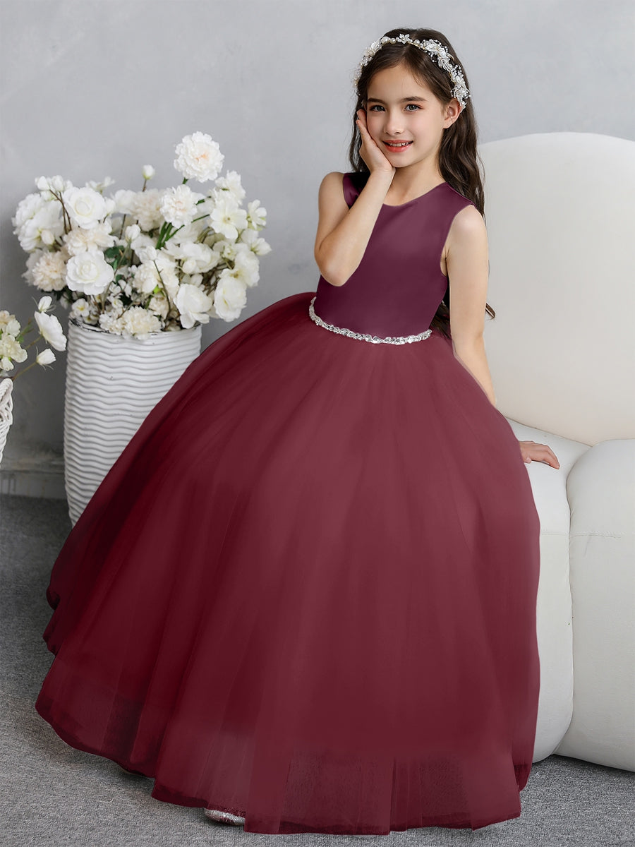 Crew Neck Tulle Flower Girl Dresses with Bowknot &amp; Beading Waist