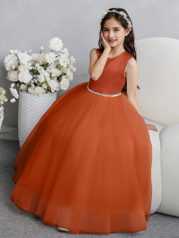 Crew Neck Tulle Flower Girl Dresses with Bowknot &amp; Beading Waist