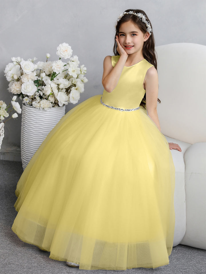 Crew Neck Tulle Flower Girl Dresses with Bowknot &amp; Beading Waist