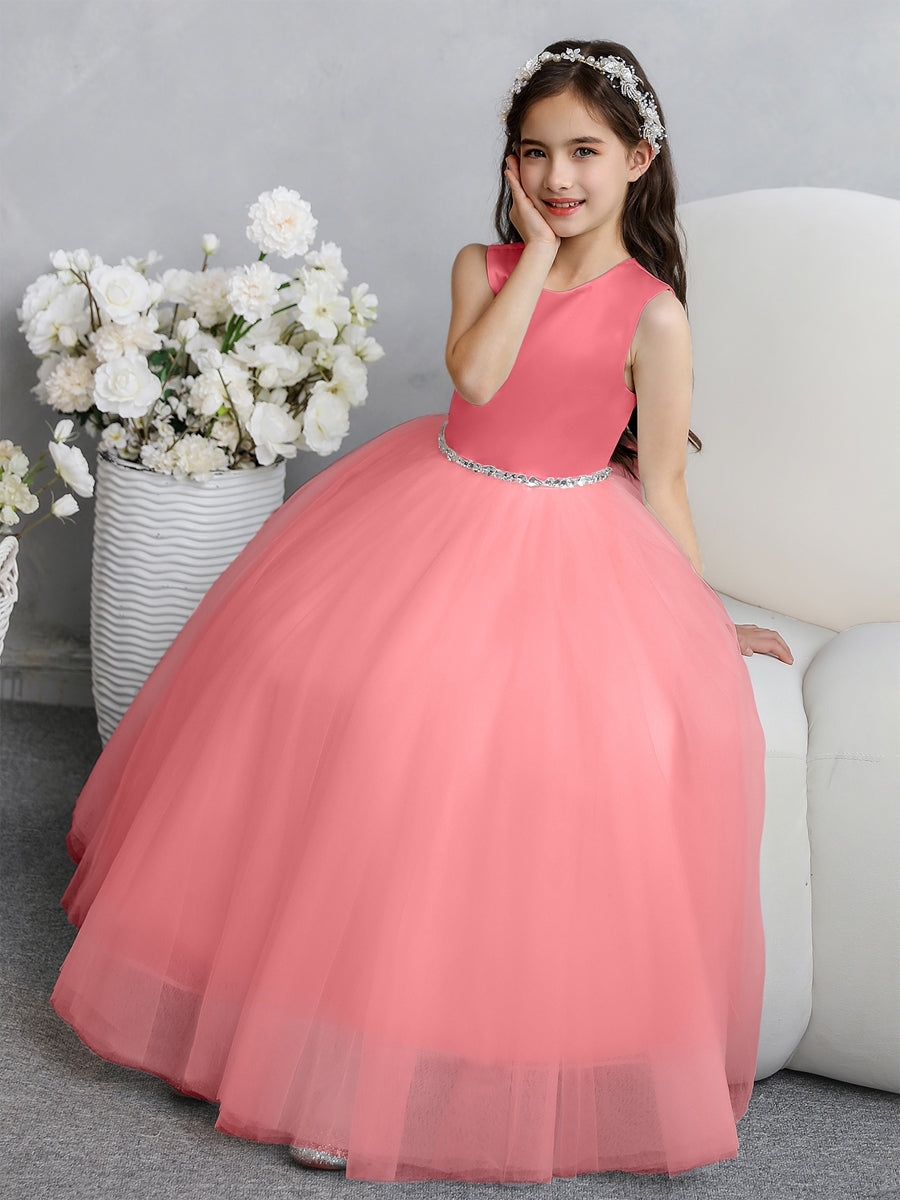 Crew Neck Tulle Flower Girl Dresses with Bowknot &amp; Beading Waist