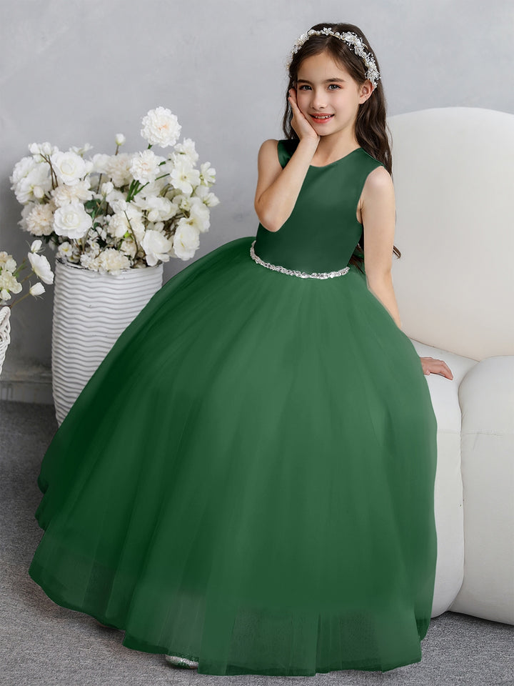 Crew Neck Tulle Flower Girl Dresses with Bowknot &amp; Beading Waist