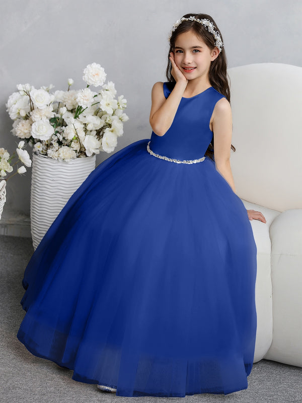 Crew Neck Tulle Flower Girl Dresses with Bowknot & Beading Waist