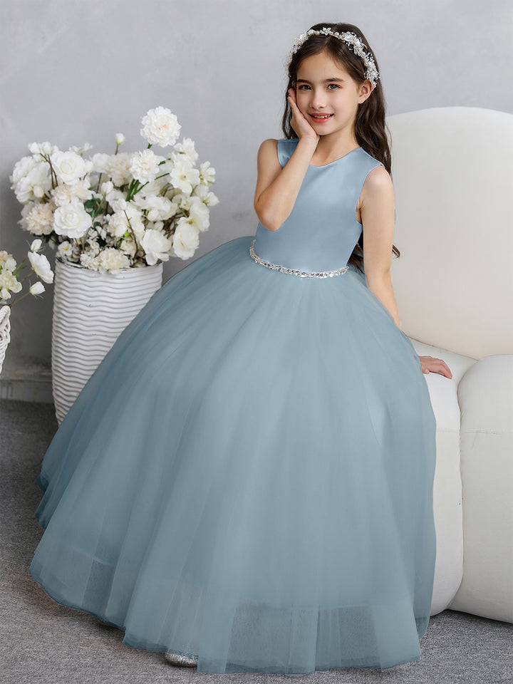 Crew Neck Tulle Flower Girl Dresses with Bowknot &amp; Beading Waist