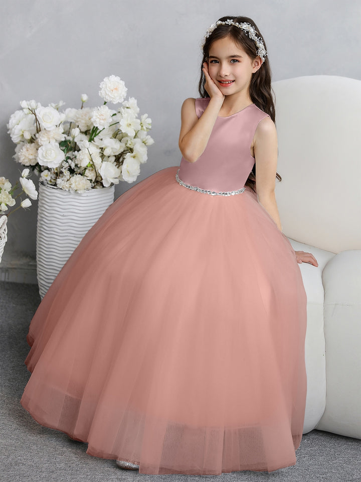 Crew Neck Tulle Flower Girl Dresses with Bowknot &amp; Beading Waist
