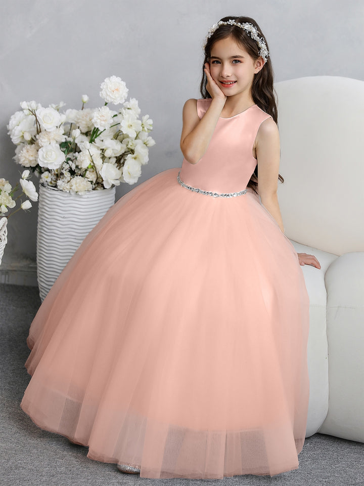 Crew Neck Tulle Flower Girl Dresses with Bowknot &amp; Beading Waist