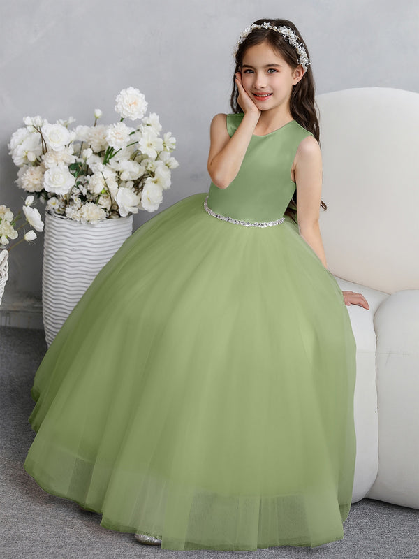 Crew Neck Tulle Flower Girl Dresses with Bowknot & Beading Waist