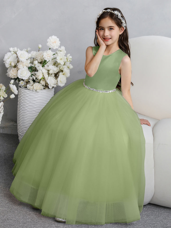 Crew Neck Tulle Flower Girl Dresses with Bowknot &amp; Beading Waist