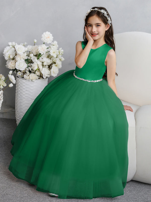 Crew Neck Tulle Flower Girl Dresses with Bowknot & Beading Waist