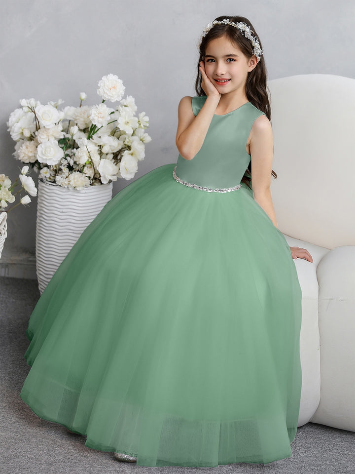 Crew Neck Tulle Flower Girl Dresses with Bowknot &amp; Beading Waist