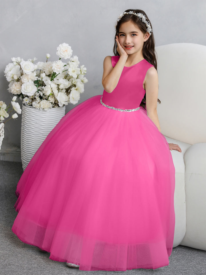 Crew Neck Tulle Flower Girl Dresses with Bowknot &amp; Beading Waist
