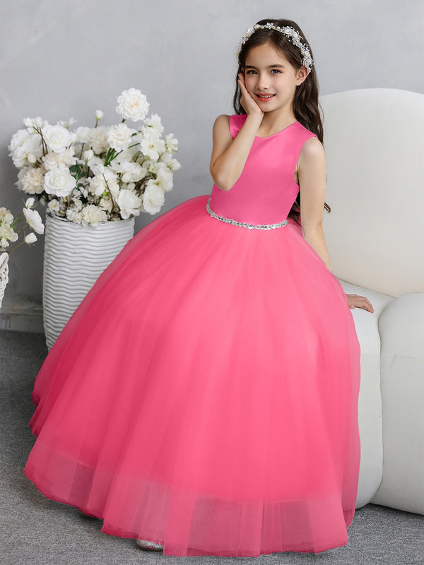 Crew Neck Tulle Flower Girl Dresses with Bowknot & Beading Waist